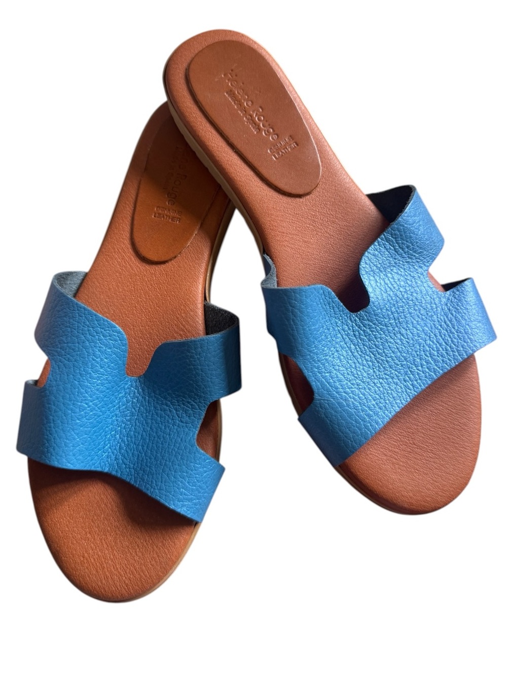 Helene Rouge Blue Genuine Leather H Slide Sandals Made in Spain, Size 39 (9)